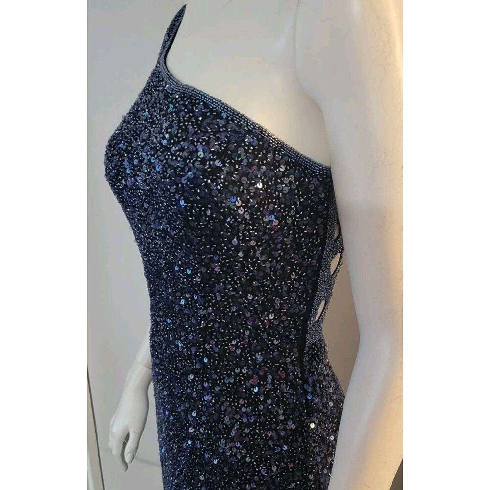 Scala Formal Dress 100% Silk Sz. S Navy Blue Beaded One Shoulder Lattice Back - Picture 13 of 14
